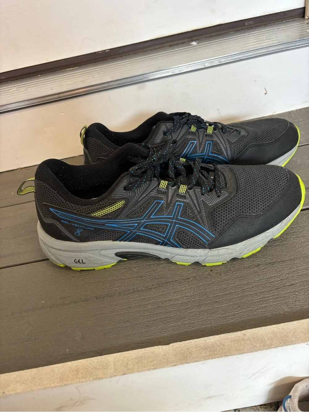 ASICS Men's Black Athletic Trail Shoes with Blue and Neon Yellow Accents